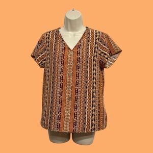 Paisley Pattern Floral Striped Fall Colors V Neck Short Sleeve Blouse Size S